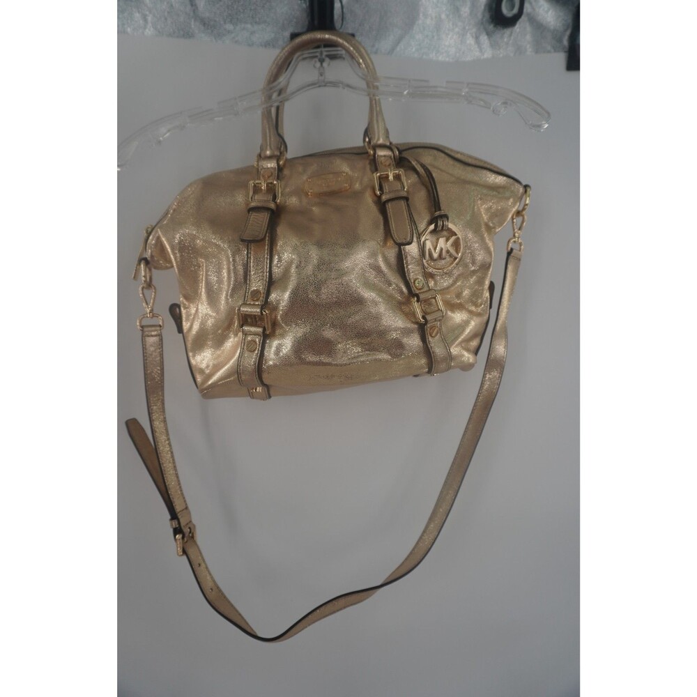 Michael Kors Metallic Gold Leather Satchel Crossbody Front Buckles MK Medallion